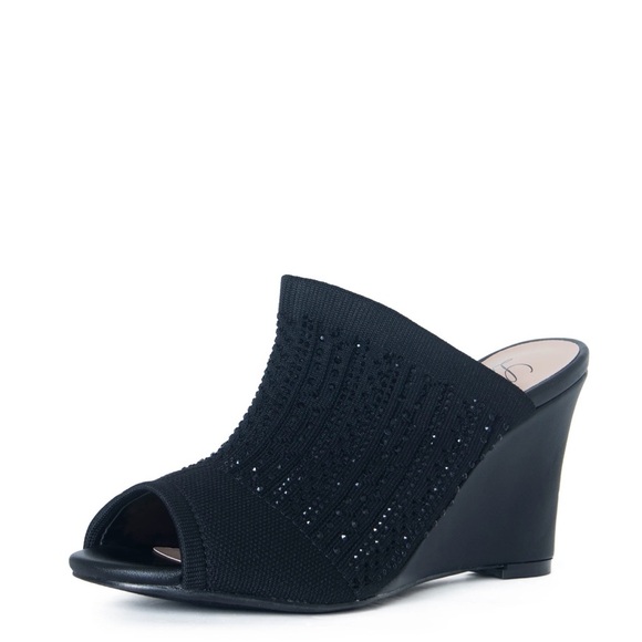 Lauren Lorraine Martha Black Wedge Heels Womens 6.5 Peep Toe Slip On Mule - Picture 2 of 5